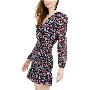 NEW Stretch Leyden Long Sleeve Smocked Mini Dress Colorful Bold‎ Long Sleeve M